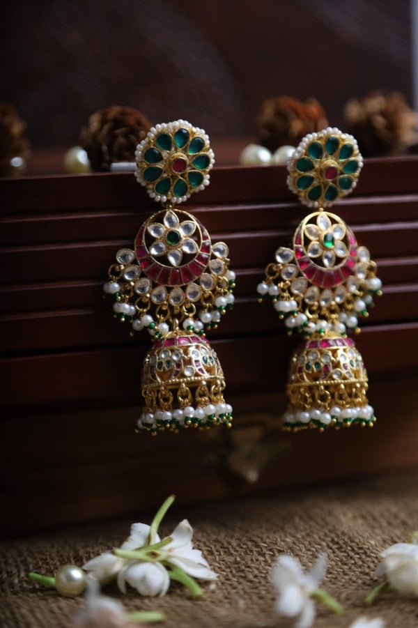 SJE1060- Multi Colour Gold Plated Jadau kundan Jhumki Earrings