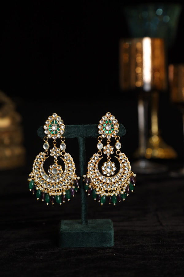 SJE1076- White and Green Colour Gold Plated Jadau Kundan Chandbali Earrings