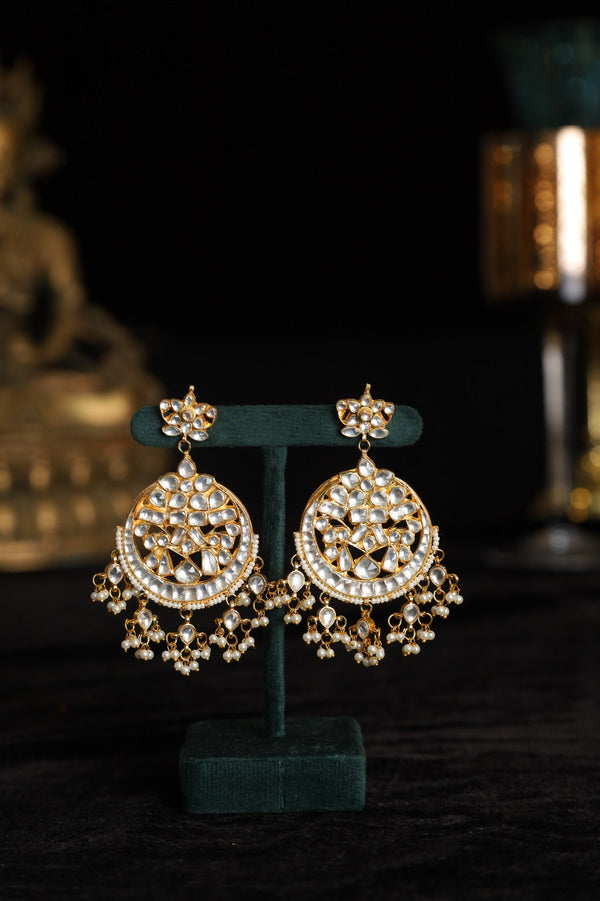 SJE1077- White Colour Gold Plated Jadau Kundan Chandbali Earrings