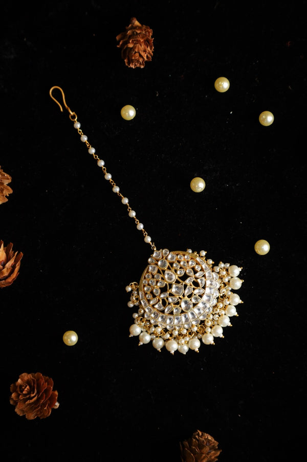 SJT1018- White Colour Gold Plated Jadau Kundan Maang Tika