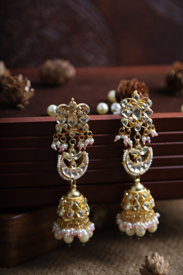 SJE1070- White Colour Gold Plated Jadau Kundan Jhumki Earrings