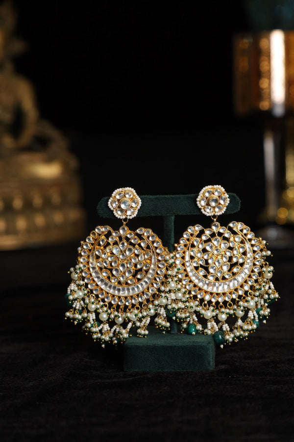 SJE1079- White Colour Gold Plated Jadau Kundan Chandbali Earrings