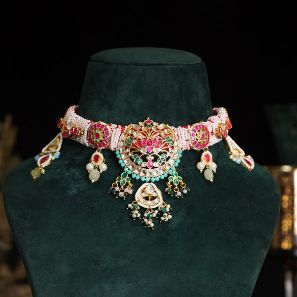 SJN1159- Multi Colour Gold Plated Jadau Kundan Fusion Gadi Choker with Earrings