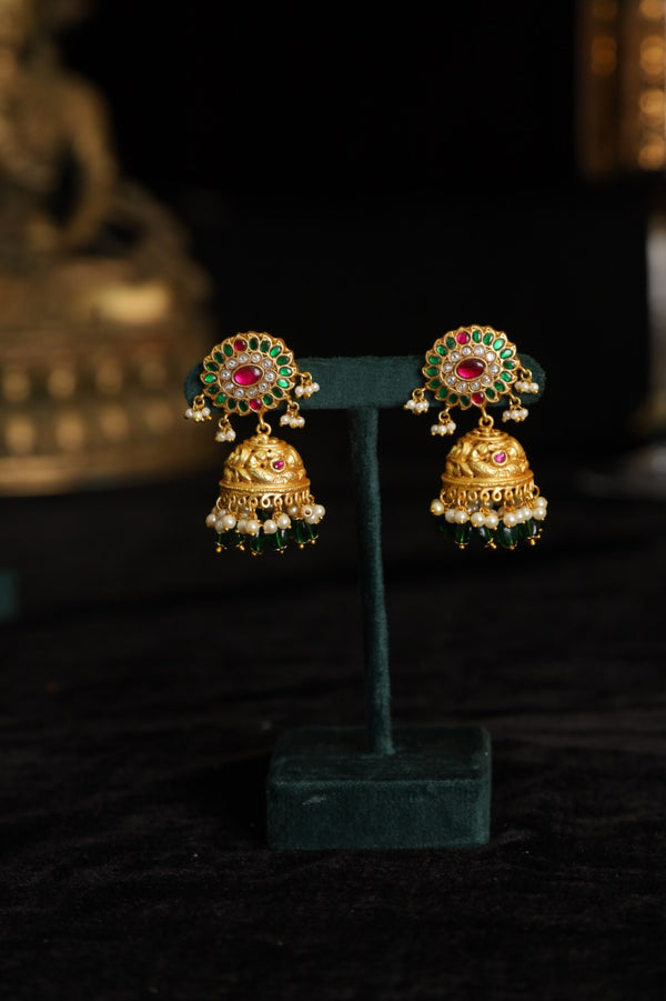 SJE1087- Multi Colour Gold Plated Jadau Kundan Temple Jhumki Earrings