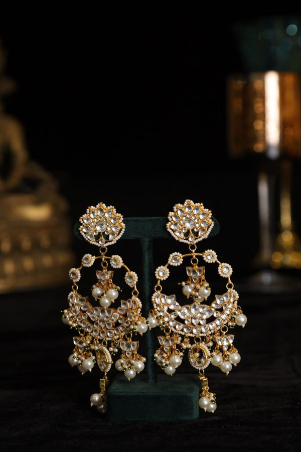 SJE1044- White Colour Gold Plated Jadau Kundan Chandbali Earrings