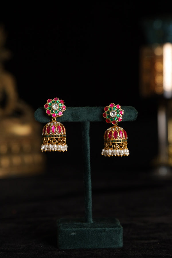 SJE1089- Multi Colour Gold Plated Jadau Kundan Temple Jhumki Earrings