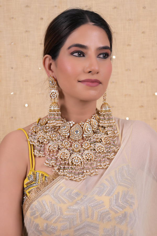 SJN1128- White Colour Gold Plated Jadau Kundan Necklace with Earrings