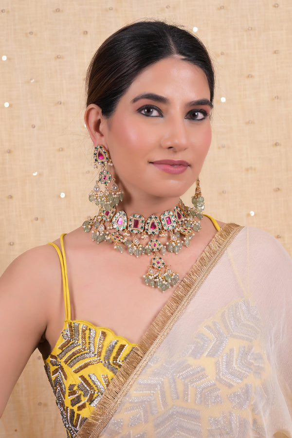 SJN1129- Multi Colour Gold Plated Jadau Kundan Necklace with Earrings