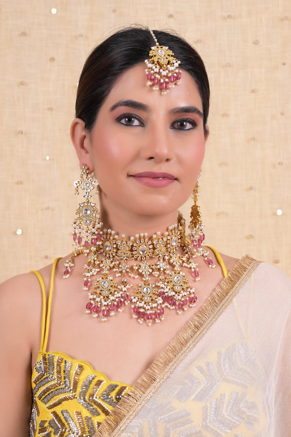 SJN1130- White Colour Gold Plated Jadau Kundan Necklace with Earrings