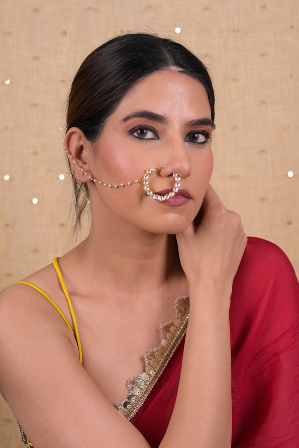 SJNR0011- White Colour Gold Plated Kundan Nose Ring