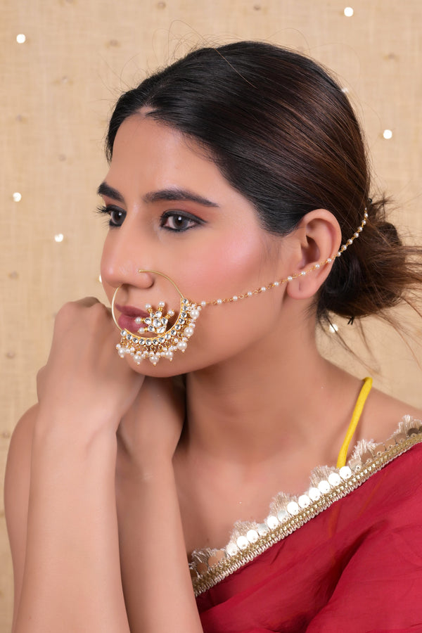 SJNR0012- White Colour Gold Plated Kundan Nose Ring