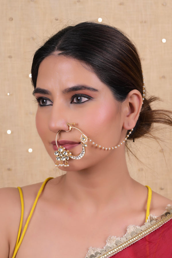 SJNR0013- White Colour Gold Plated Kundan Nose Ring