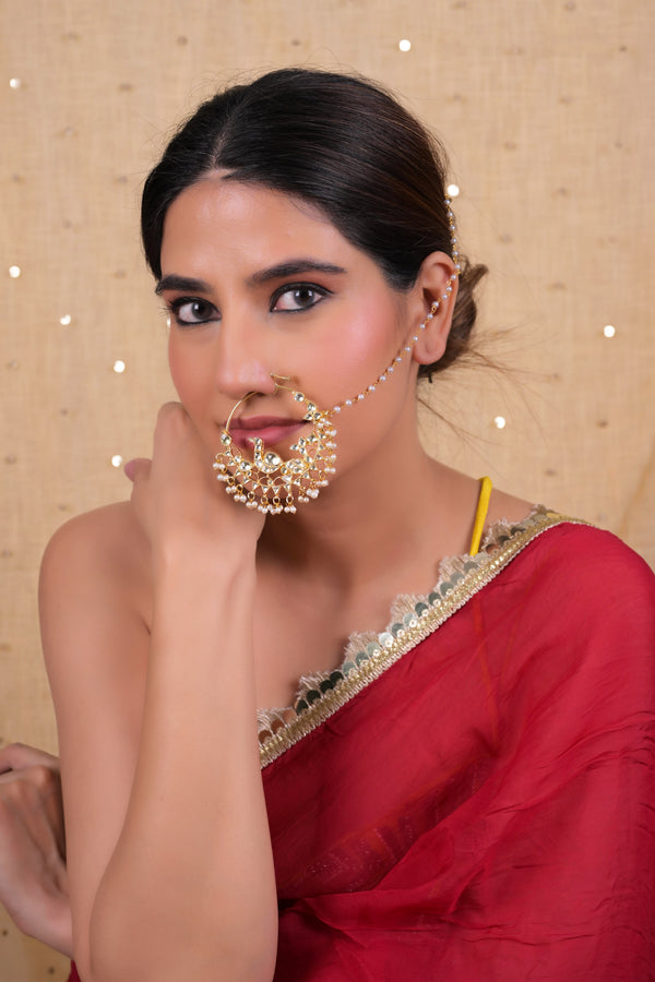 SJNR0014- White Colour Gold Plated Kundan Nose Ring