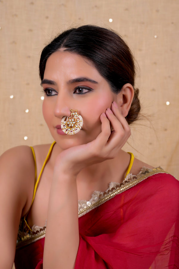 SJNR0015- White Colour Gold Plated Kundan Nose Ring