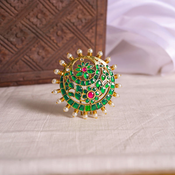 SJJP0012- Green Colour Gold Plated Jadau Kundan Juda Pin