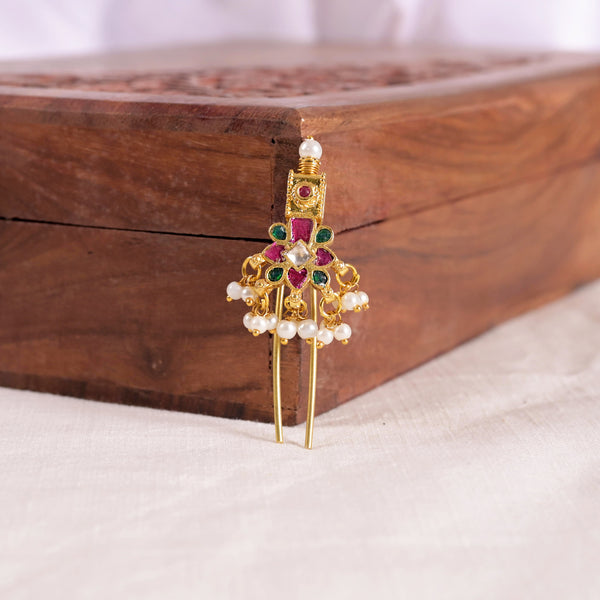 SJJP0016- Multi Colour Gold Plated Jadau Kundan Juda Pin