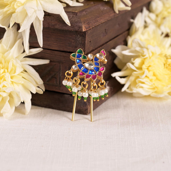 SJJP0019- Multi Colour Gold Plated Jadau Kundan Juda Pin