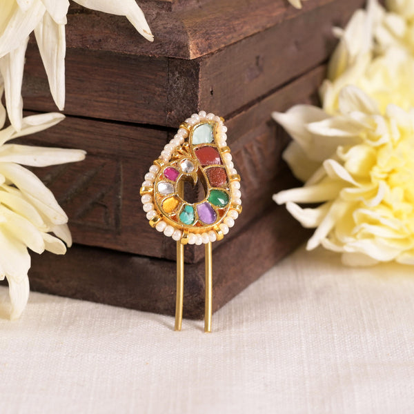 SJJP0020- Multi Colour Peacock Motif Gold Plated Jadau Kundan Juda Pin