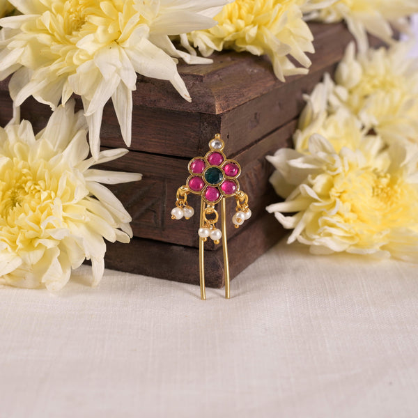 SJJP0021- Multi Colour Gold Plated Jadau Kundan Juda Pin