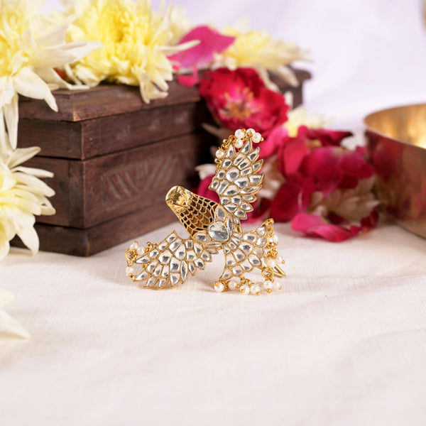 SJJP0023- White Colour Eagle Motif Gold Plated Jadau Kundan Juda Pin