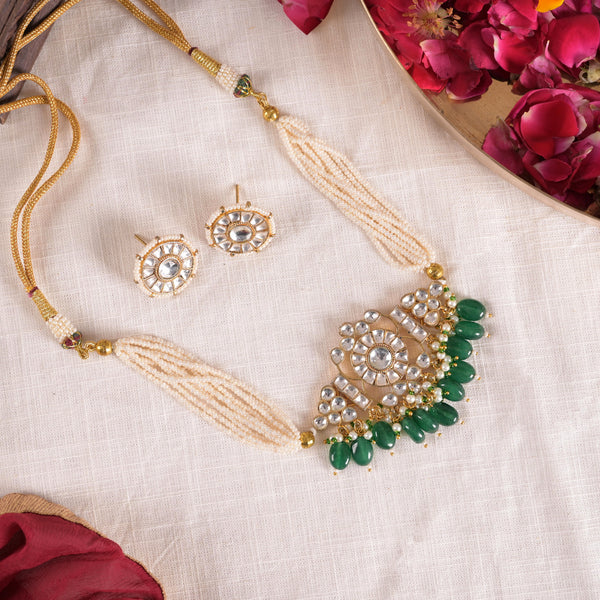 SJN1140- Green Colour Gold Plated Jadau Kundan Choker with Earrings