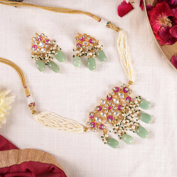 SJN1141- Pink and White Colour Gold Plated Jadau Kundan Choker with Earrings