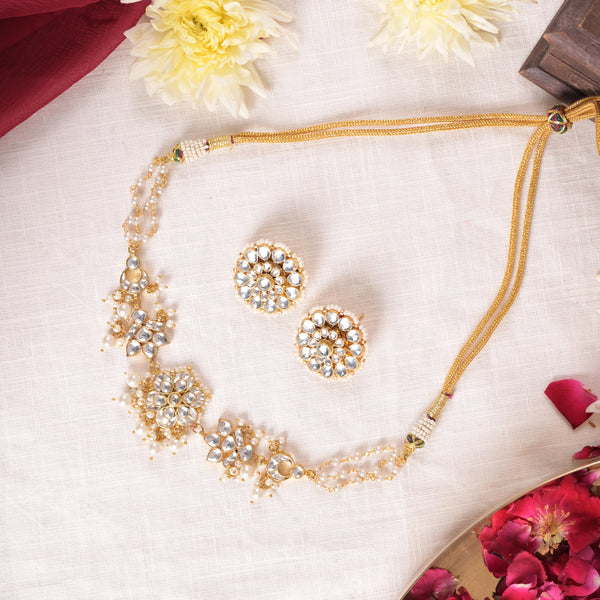 SJN1142- White Colour Gold Plated Jadau Kundan Choker with Earrings