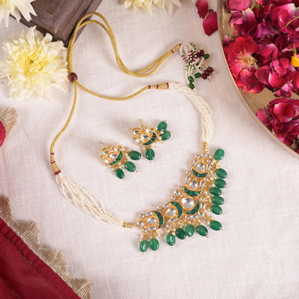 SJN1144- Green Colour Gold Plated Jadau Kundan Choker with Earrings