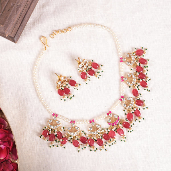 SJN1146- Pink Colour Gold Plated Jadau Kundan Choker with Earrings