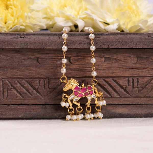 SJN1152- Pink Colour Hourse Motif Gold Plated Jadau Kundan Pendant