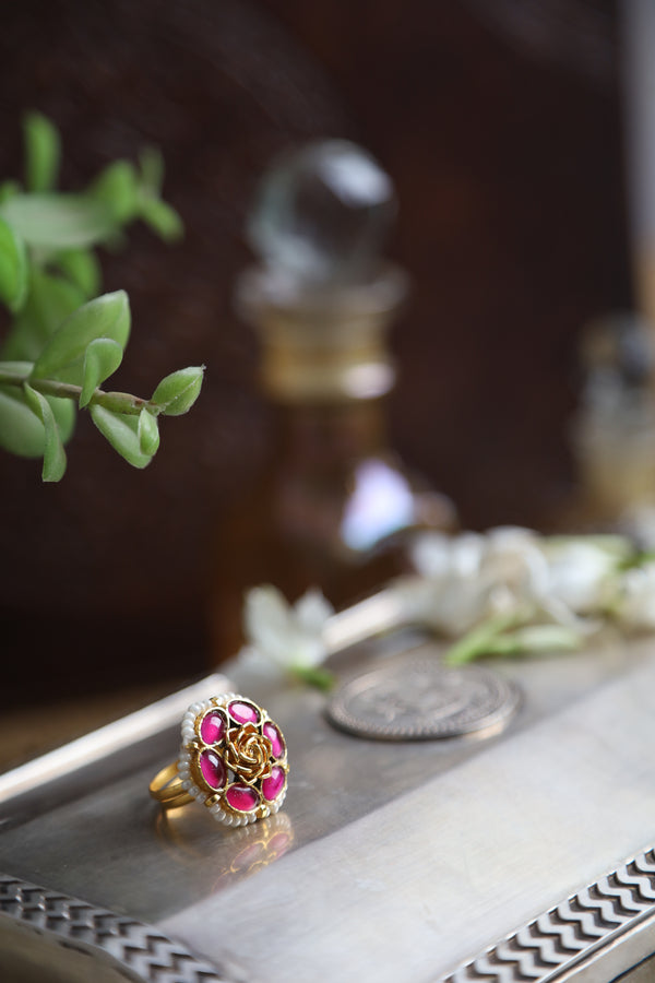 SJR0024- Pink Colour Gold Plated Jadau Kundan Ring