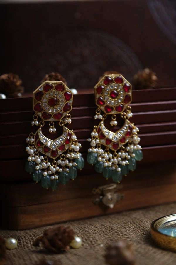 SJE1043- White and Red Colour Gold Plated Jadau Kundan Dangler Earrings