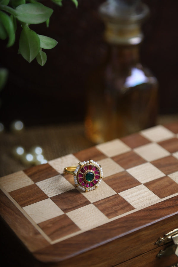 SJR0026- Pink and Green Colour Gold Plated Jadau Kundan Ring