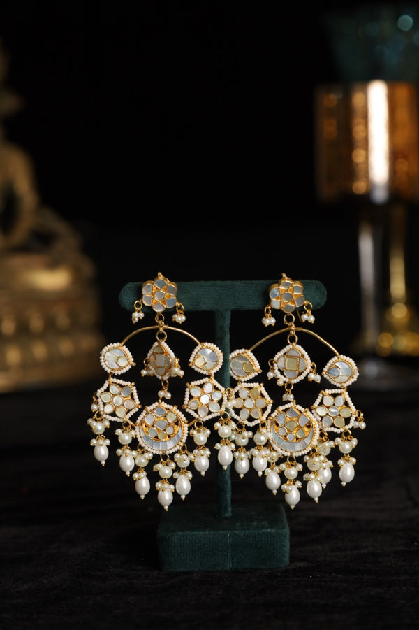 SJE1082- White Colour Gold Plated Mother of Pearl Chandbali Earrings