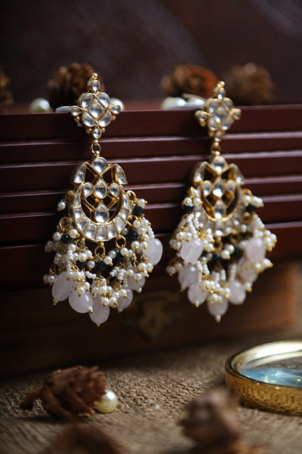 SJE1064- White Colour Gold Plated Jadau Kundan Chandbali Earrings