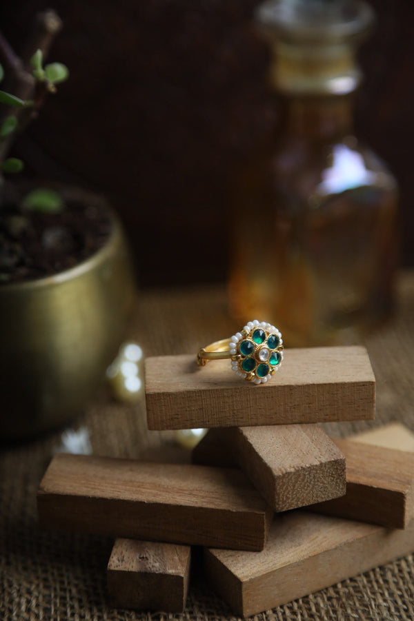 SJR0027- Green Colour Gold Plated Jadau Kundan Ring