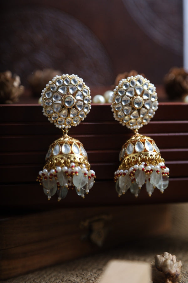 SJE1069- White Colour Gold Plated Jadau Kundan Jhumki Earrings