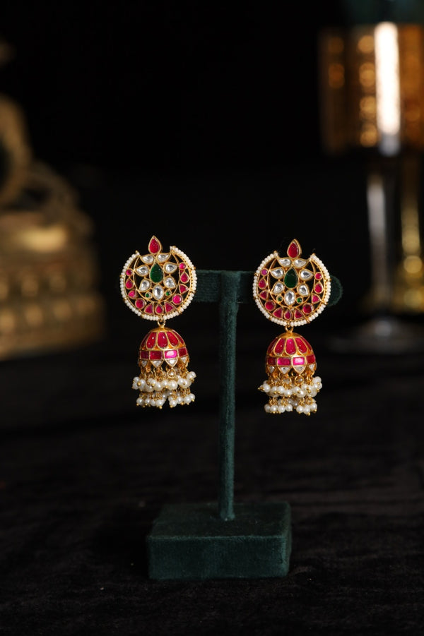 SJE1086- Multi Colour Gold Plated Jadau Kundan Temple Jhumki Earrings