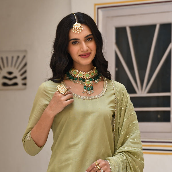 Taran Green Kundan Necklace Set with Tika