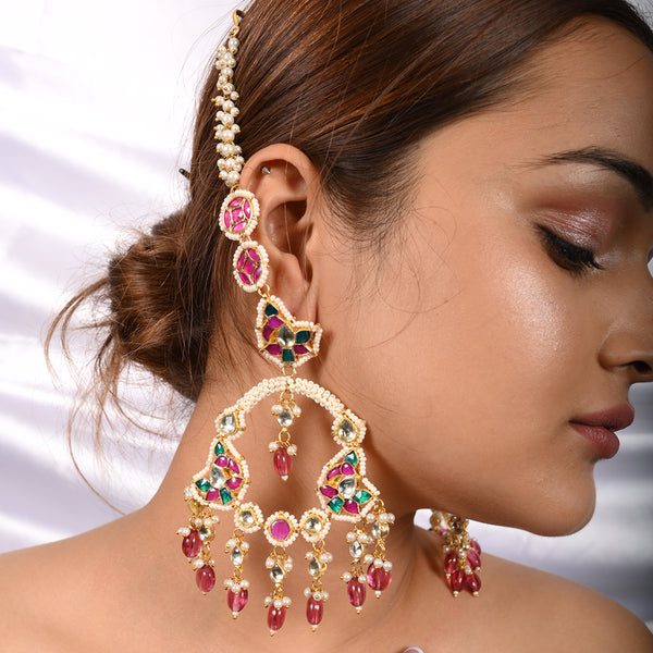 Kshiraj Pink Earrings with Hair Chain