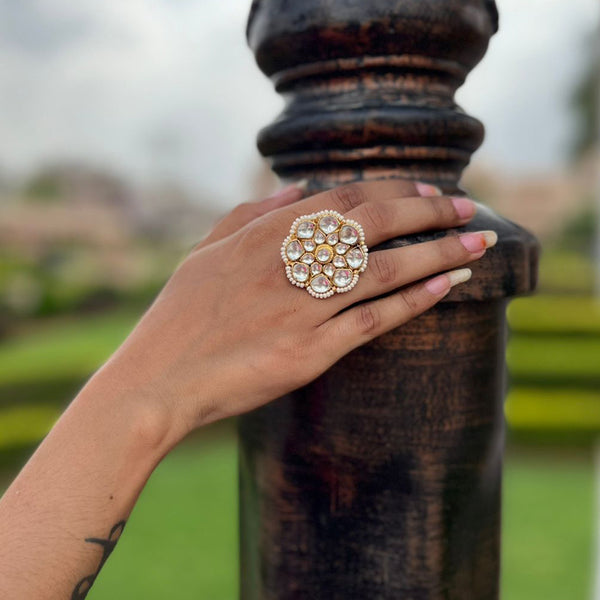 Sugreev Gold Plated White Jadau Kundan Ring